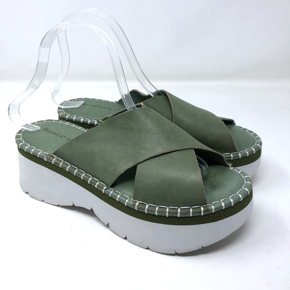 Chocolat Blu Magic Platform Sandal Women 40 US 9‎ Green Leather Whipstitch Slide